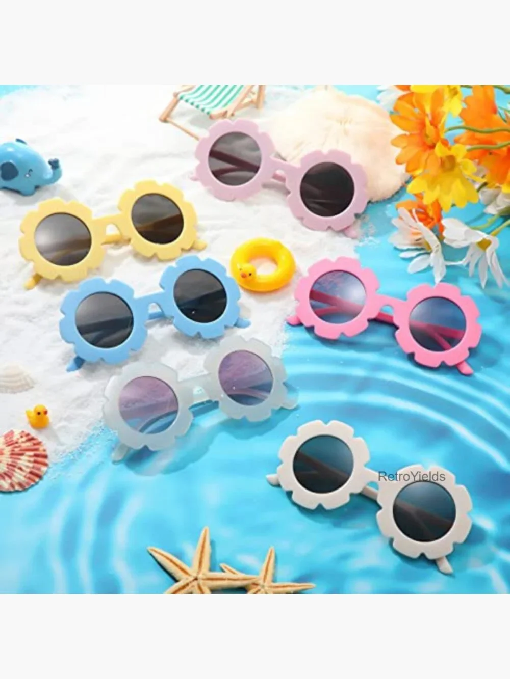 6 Kids Round Flower Sunglasses, Daisy Glasses for Toddler Beach Summer Fun